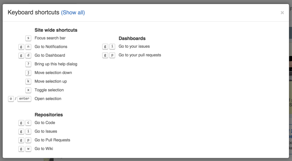 screen shot of keyboard shortcuts on GitHub.